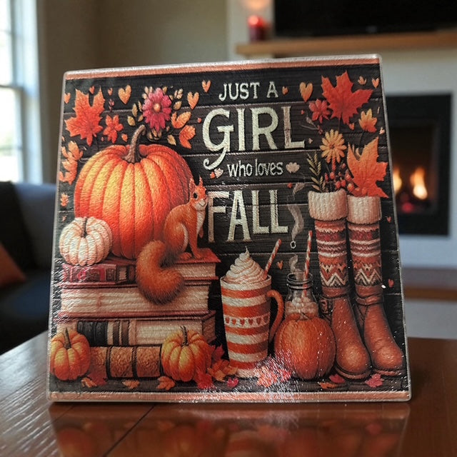 Cutting Board (8" x 8"): Girl Loves Fall
